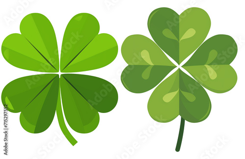 Two four-leaf vector flat design icons of clovers in varying shades of green, representing luck and associated with St Patrick's Day