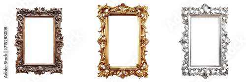 Set of three ornate picture frames in baroque style, isolated on transparent background, perfect for art display or gallery decoration