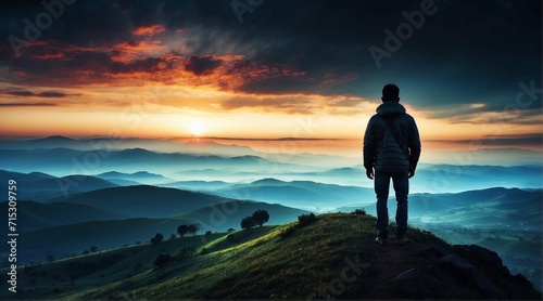 portrait of a man standing at the end of a hill, brave, looking at the view with beautiful sunlight