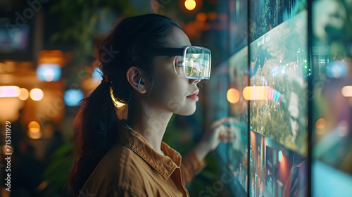 Asian woman using Augmented reality googles or glasses. Latest technologies and technological breakthroughs innovations. 
