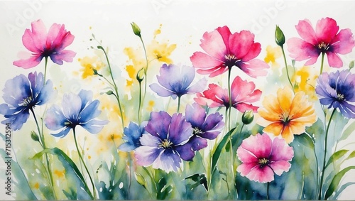 Illustration, postcard, banner: watercolor drawing of a bouquet of garden flowers. 