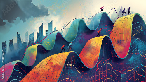 stock market as a metaphorical landscape. The central image is a upward-sloping hill, composed of rising stock market charts and graphs, symbolizing a significant market rise
