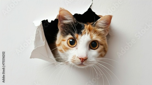 Calico cat poking head out of a hole in the paper wall , white background