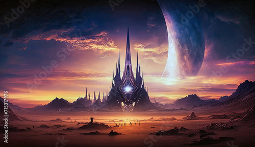 Alien landscape with a towering spire against a giant planet backdrop at dawn, embodying a surreal and futuristic world
