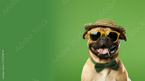 Sunglass-wearing boxer dog with a hat, sitting on a white background, showcasing a cute and funny portrait