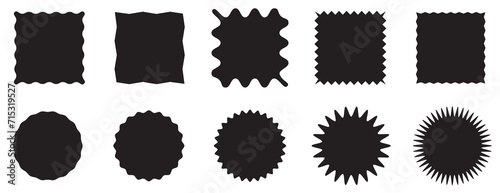 Zig zag edge square and circle shapes collection. Jagged patches set. Black graphic design elements for decoration, banner, poster, template, sticker, badge, collage. Vector