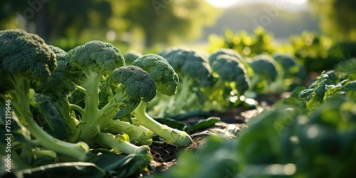 Organic fresh broccoli cabbage close-up on the field, eco-friendly products. Generative AI