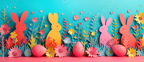 Easter banner background featuring a festive holiday greeting. Crafted in a delightful paper-cut 3D style, the scene is adorned with cheerful a bunny, vibrant flowers, and eggs. AI generated