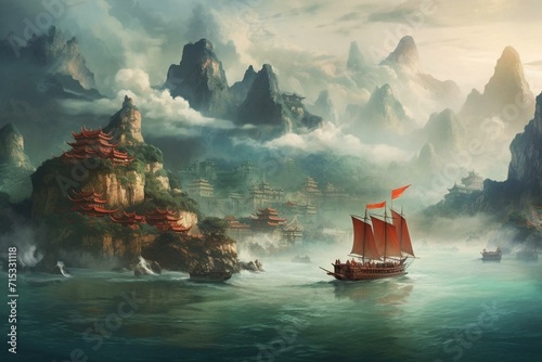 An artwork depicting a traditional Chinese landscape with mountains, flowing water, and a boat. Generative AI