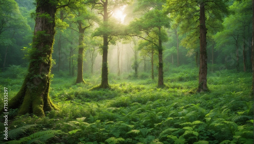 A concept landscape illustration of a green forest shining by the sunlight. Nature, Lush, Sun-rays, Trees and grass, Generative Ai