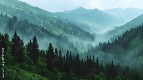 Beautiful spring green mountains with pine trees