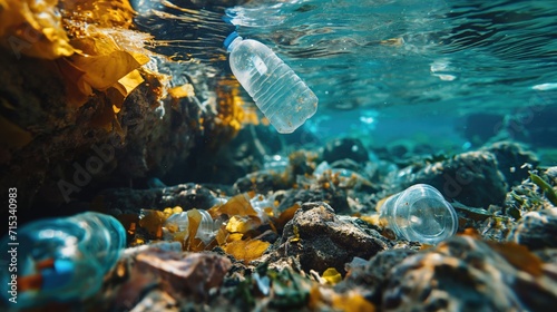 a poignant underwater scene, where the serenity of nature is disrupted by the presence of plastic waste, generative ai