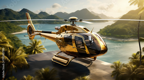 A luxurious gold trimmed private helicopter flying