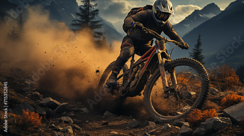A focused mountain biker fiercely takes on a challenging downhill trail, his bike kicking up a cloud of dust in a rugged mountain setting. 