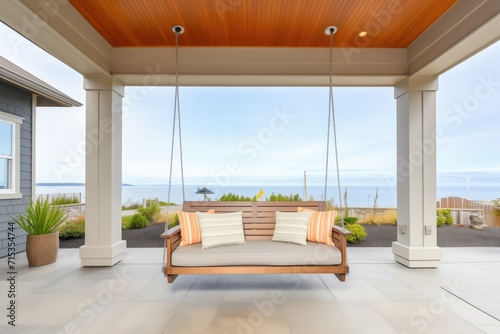 covered outdoor patio of a shingle house with hanging swing and ocean panorama