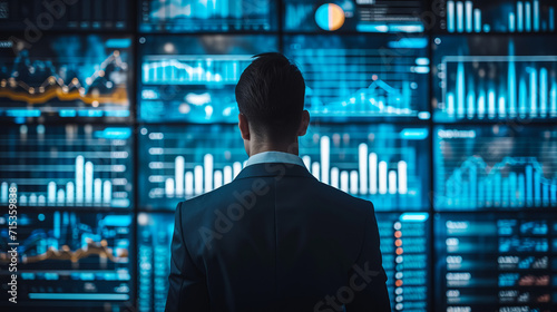 Back of a businessman in front of professional key performance indicator KPI metrics dashboard with screens and charts for sales and business results evaluation and KPI review