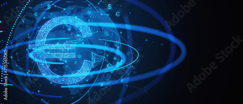 Blue neon Euro symbol on global network backdrop. Finance and digital economy concept. 3D Rendering