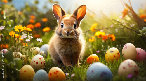 Easter Delight: Charming Rabbit Among Colorful Eggs in a Lush Spring Meadow Bathed in Golden Light