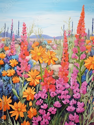 Vivid Blooming Desert Florals: Acrylic Landscape Art in Captivating Canvas