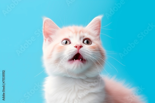 Portrait of a white-red kitten with beautiful blue eyes, looking straight ahead, blue background. Generated Ai