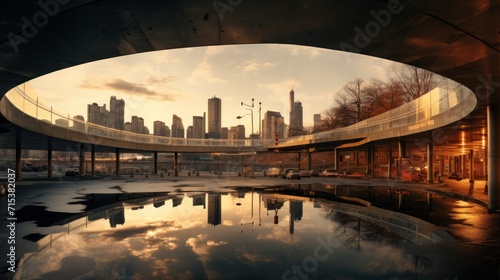  a reflection of a city in a pool of water in the middle of a city with tall buildings in the background.