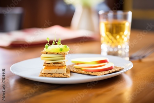 rye cracker topped with colby, apple slice on the side