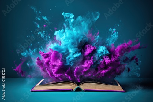  an open book with colored smoke coming out of it on a blue and green background with a blue and purple background.