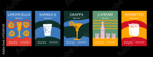 Italian drink set vector illustration. Engraved limoncello, sambuca, grappa, campari, amaretto bundle of traditional dishes, homemade 