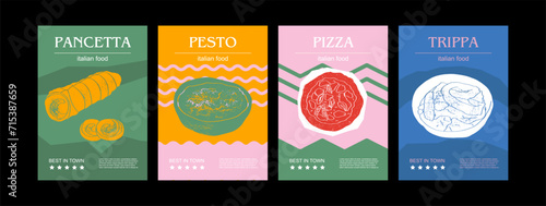 Italian food set vector illustration. Engraved pancetta, pesto, pizza, trippa, bundle of traditional dishes, homemade and restaurant dinner dishes and sauces cooking in cuisine of Italy