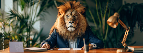 concept of a lion in a suit at a desk in the office