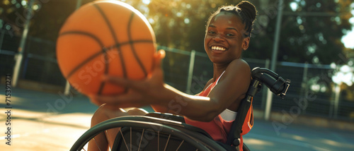 Joy in motion: A young athlete's radiant smile captures her passion for wheelchair basketball, basking in the golden hour glow