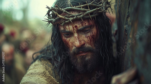The Crucifixion of Jesus, with the crown of thorns, the bloody Jesus carries his cross