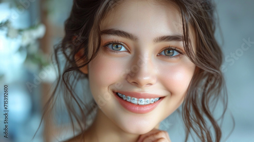 Beautiful smiling young woman wearing dental braces. Stomatology, dentistry