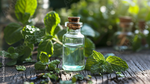 essential oil extract of peppermint oil on a wooden background