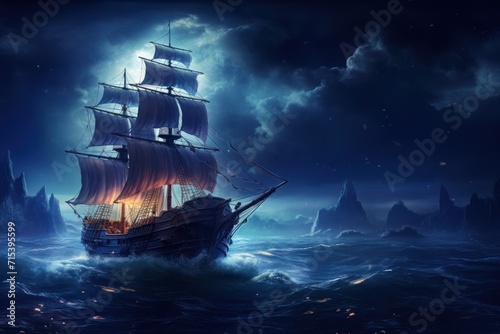  a painting of a pirate ship in the middle of the ocean with a full moon in the sky behind it.