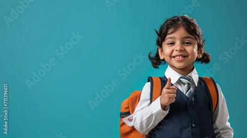 Indian child in primary school with bag wearing a school uniform or services for students Isolated on a blue background.
