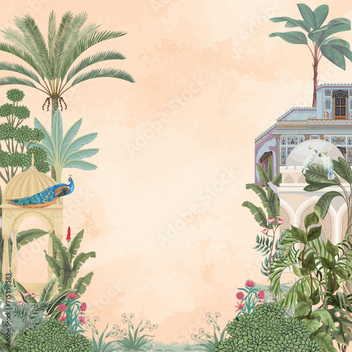 Traditional Mughal garden for wedding invitation. Vector illustration frame