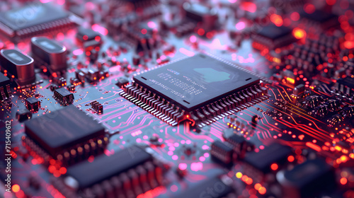 Close-up of a microprocessor chip on a circuit board.