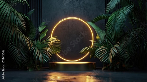 Illuminated Circular Podium with Tropical Plants for Product Showcase.