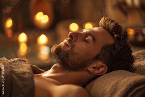 A man is relaxing at home against the backdrop of candles. The concept of healing, relaxation, rejuvenation and restoration of the body. 