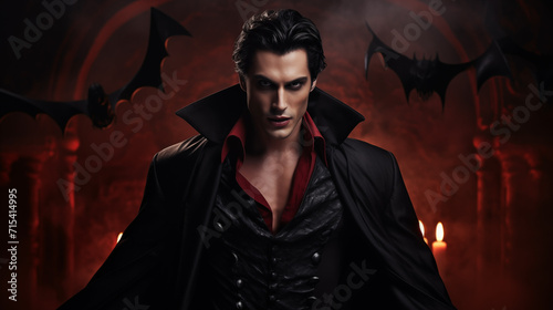 Portrait of a young handsome vampire person in a dark suit, halloween mood