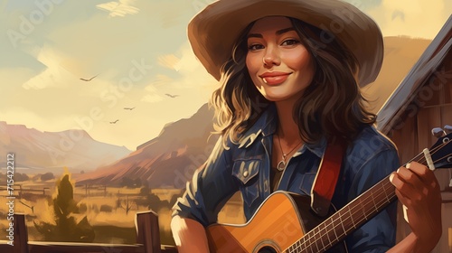 Cheerful Woman with Acoustic Guitar in Rural Sunset