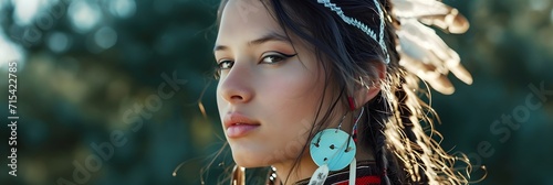 Portrait of a Native American Sioux Indian woman against nature background, background image, generative AI