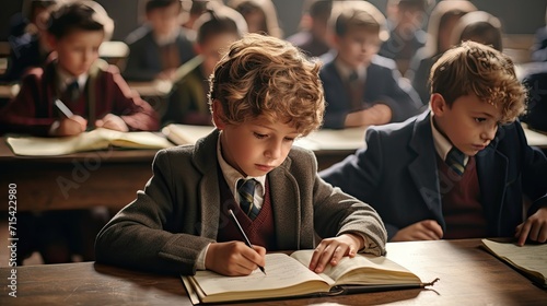 Two young boys focused on their schoolwork in a vintage classroom.