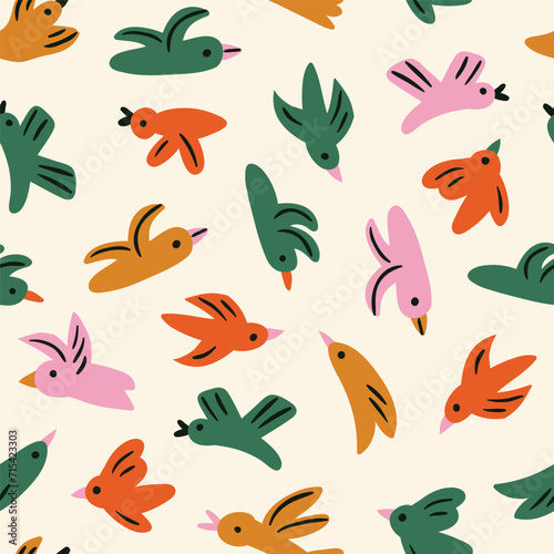 Cute vector bird naive seamless pattern. Funny fabric or wallpaper design. Childish abstract birds seamless print