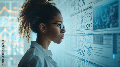 A trial lawyer business black woman in office scrutinizes looking a large flowchart screen on the wall, technology strategy concept