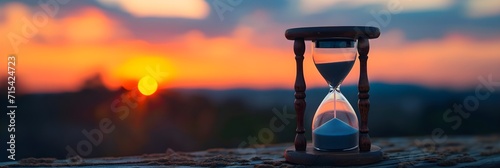 Portrait of an old hourglass against sunset background, background image, generative AI