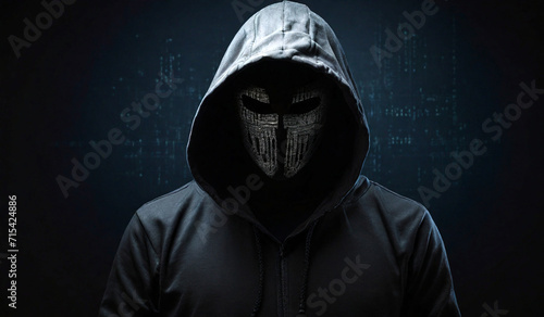 Computer hacker in hoodie. Obscured dark face. Data thief, internet fraud, darknet and cyber security concept