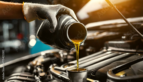 Close-up of hand with a work glove of a mechanic, pouring a bottle of oil in car engine. Engine oil change concept. Generative Ai.