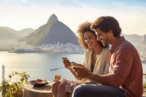 Multiethnic couple breakfasting and photographing Rio skyline